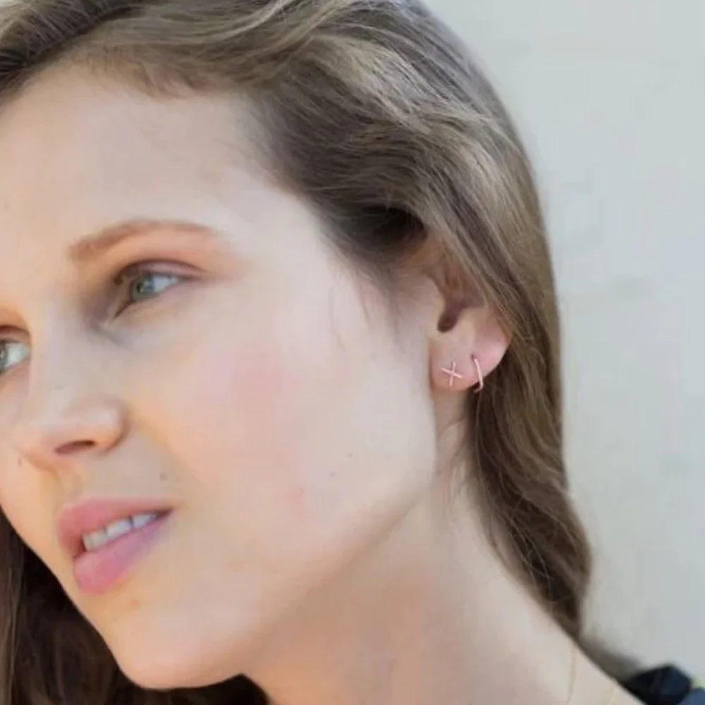 14K Solid Gold Hortense Cross Kiss Earrings - Picture 3 of 4